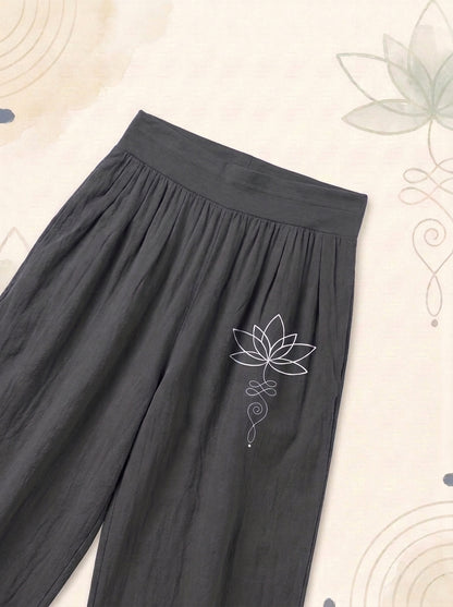 Lotus Unalome Cotton Harem Pants — waistband and pattern detail