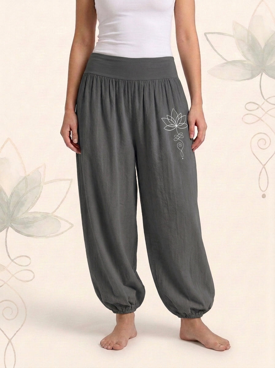 Lotus Unalome Cotton Harem Pants — worn by a model