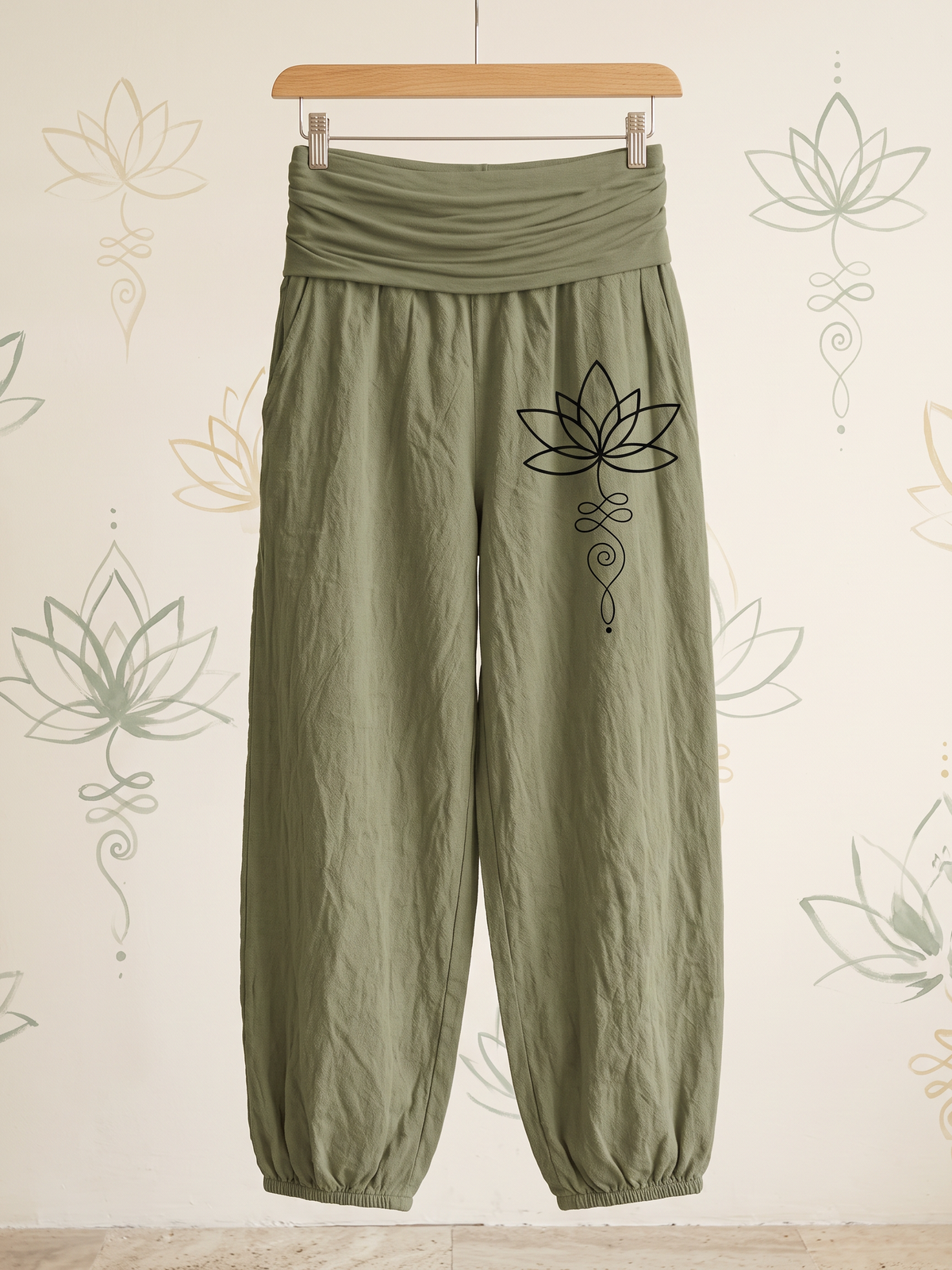 Lotus Unalome Cotton Harem Pants — hanging view