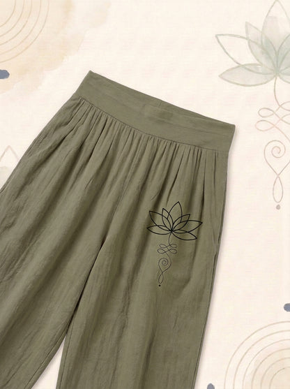 Lotus Unalome Cotton Harem Pants — waistband and pattern detail