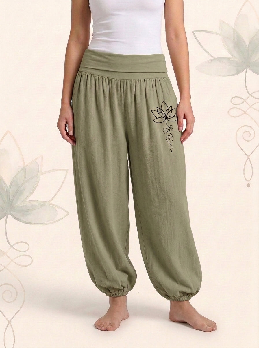 Lotus Unalome Cotton Harem Pants — worn by a model