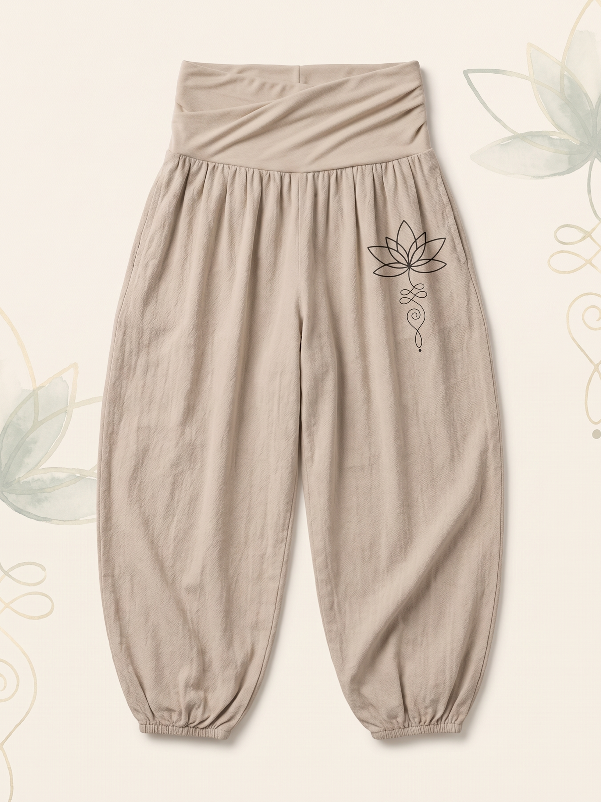 Lotus Unalome Cotton Harem Pants — flat-lay view