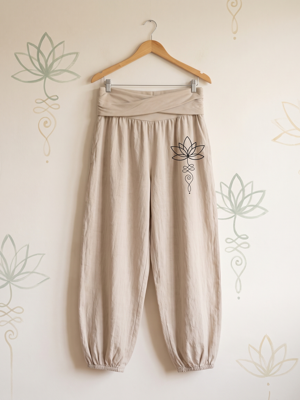 Lotus Unalome Cotton Harem Pants — hanging view