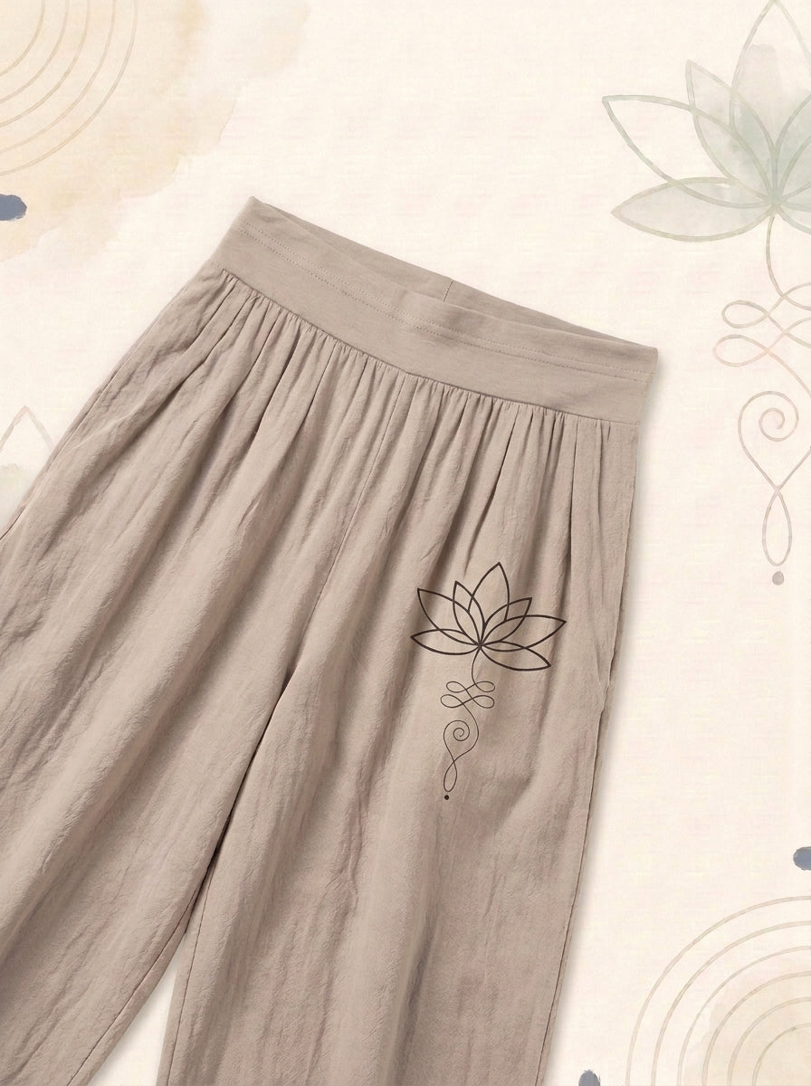 Lotus Unalome Cotton Harem Pants — waistband and pattern detail