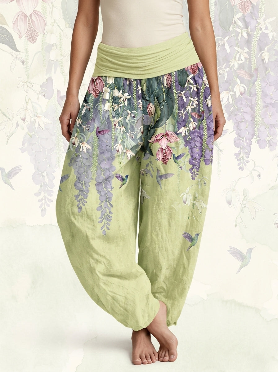 Orchid & Birds Cotton Harem Pants — worn by a model