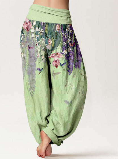 Orchid & Birds Cotton Harem Pants — back model view