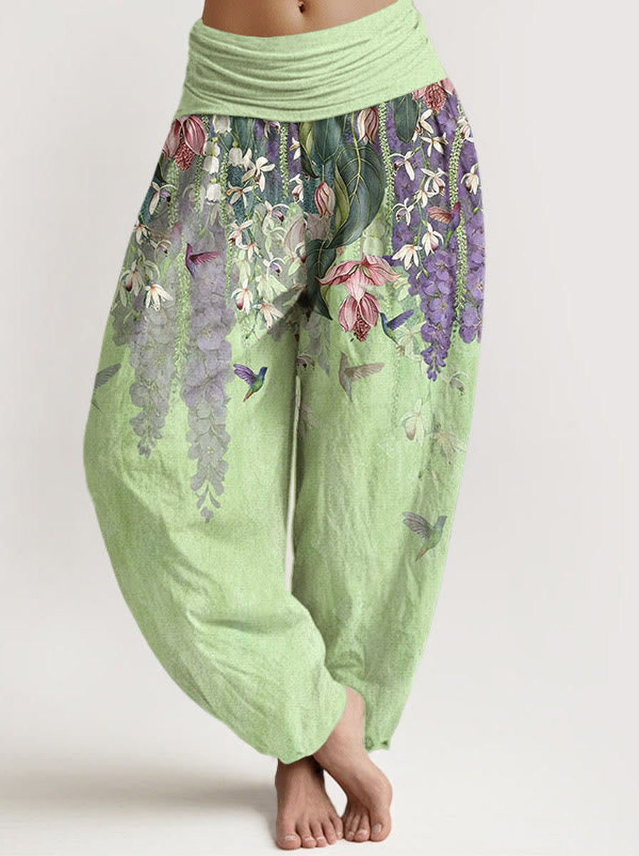 Orchid & Birds Cotton Harem Pants — front model view