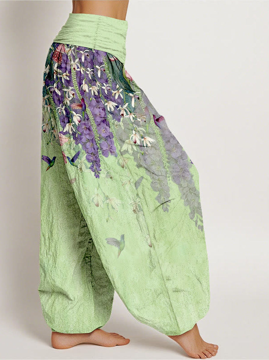 Orchid & Birds Cotton Harem Pants — side model view