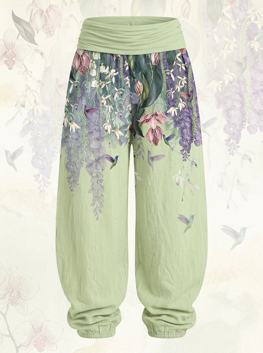 Orchid & Birds Cotton Harem Pants — product-only view