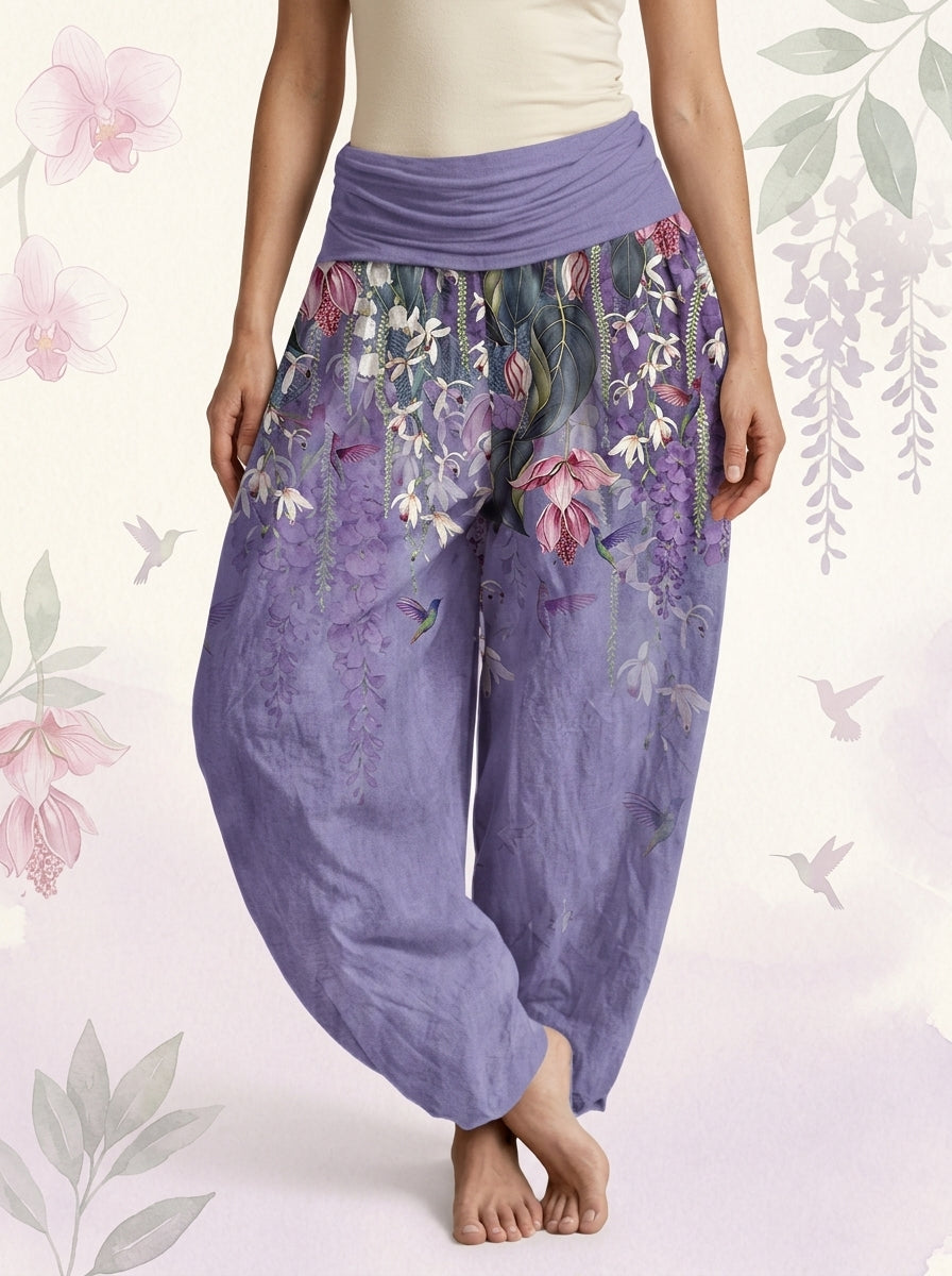 Orchid & Birds Cotton Harem Pants — worn by a model