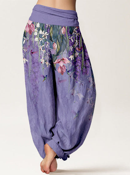 Orchid & Birds Cotton Harem Pants — back model view