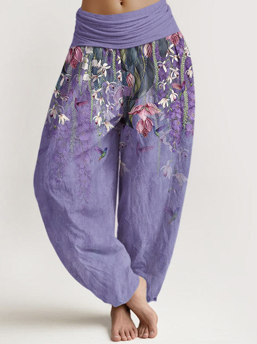 Orchid & Birds Cotton Harem Pants — front model view