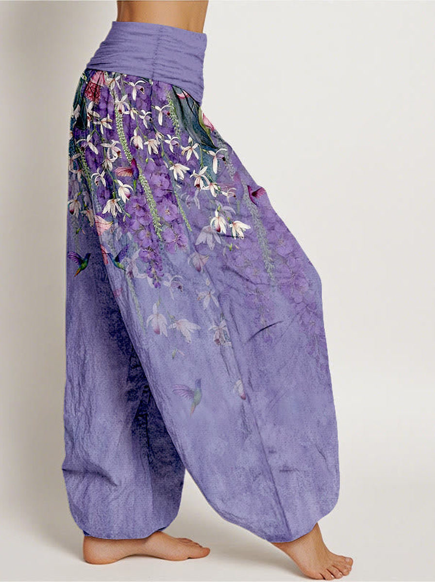 Orchid & Birds Cotton Harem Pants — side model view