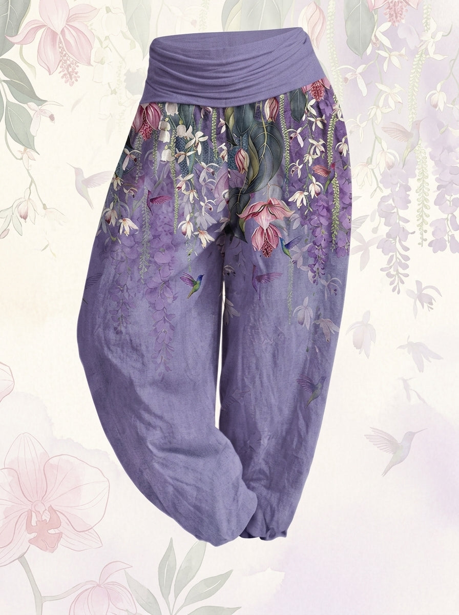 Orchid & Birds Cotton Harem Pants — product-only view