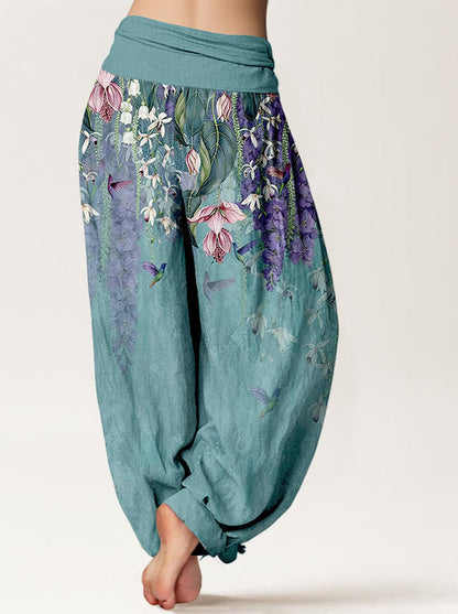 Orchid & Birds Cotton Harem Pants — back model view