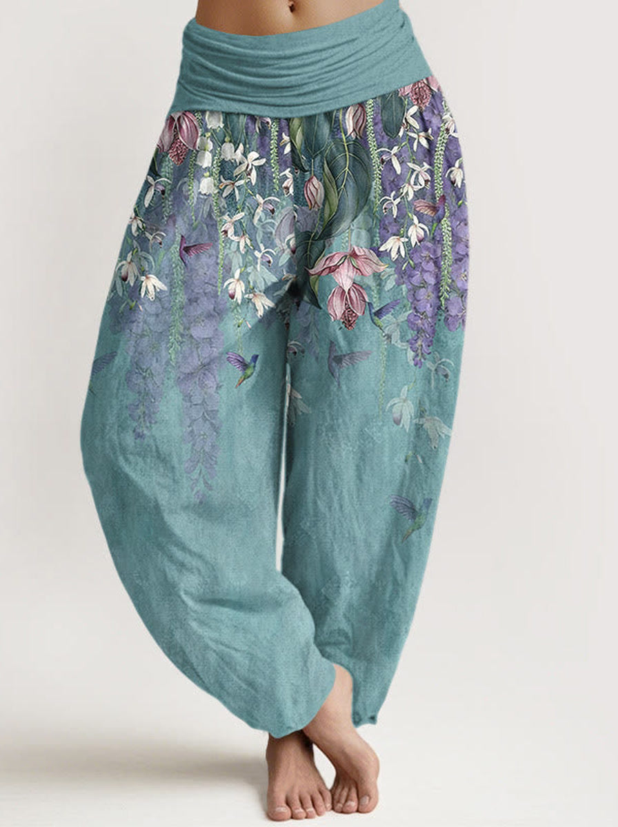 Orchid & Birds Cotton Harem Pants — front model view