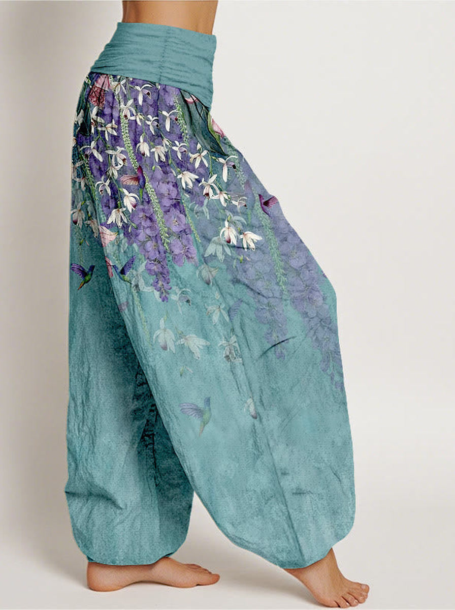Orchid & Birds Cotton Harem Pants — side model view