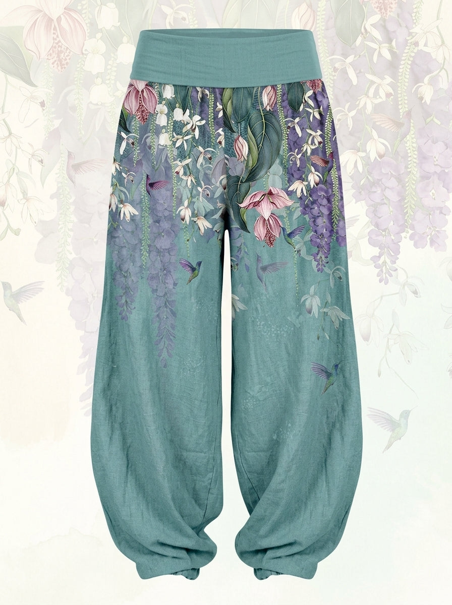 Orchid & Birds Cotton Harem Pants — product-only view
