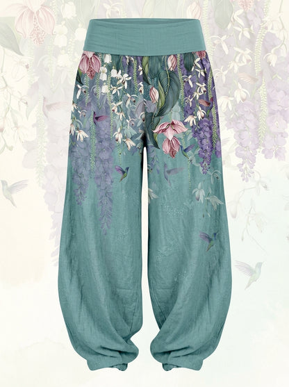 Orchid & Birds Cotton Harem Pants — product-only view